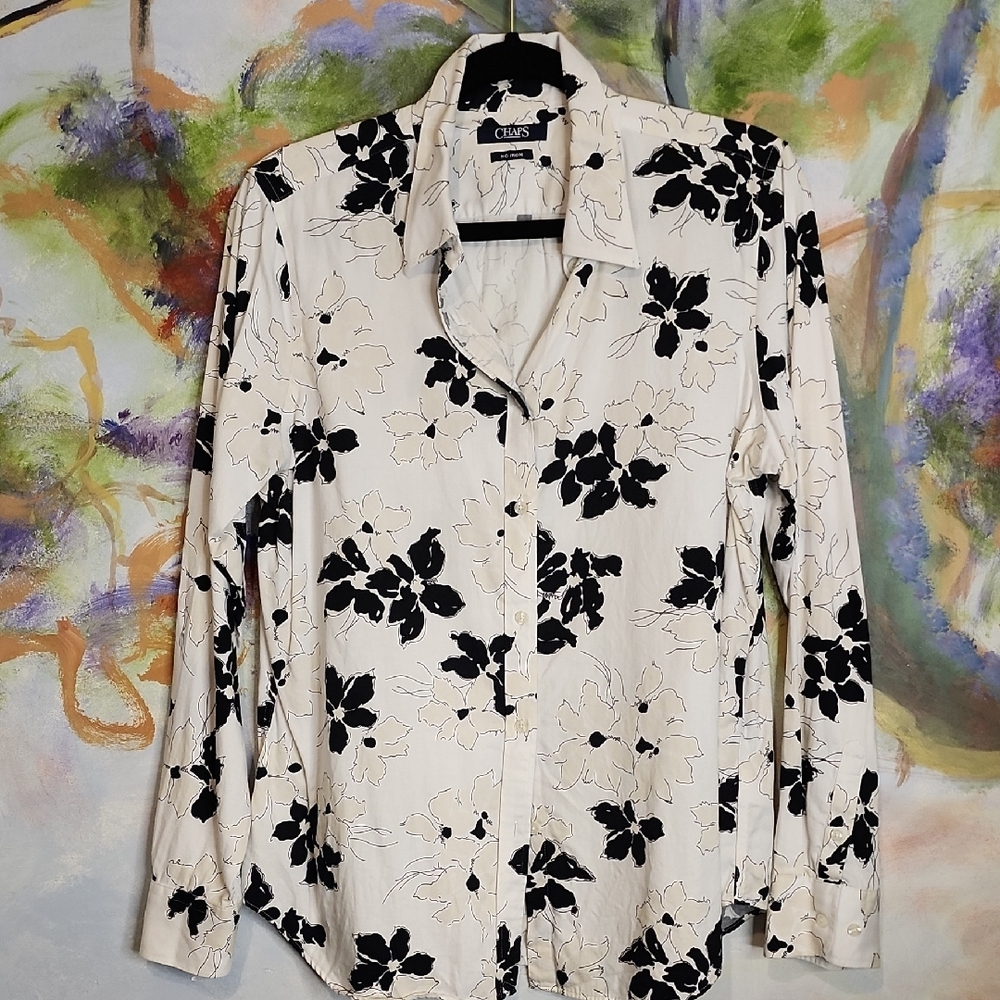 Chaps Black and White Long Sleeve Button Down Blouse NO IRON